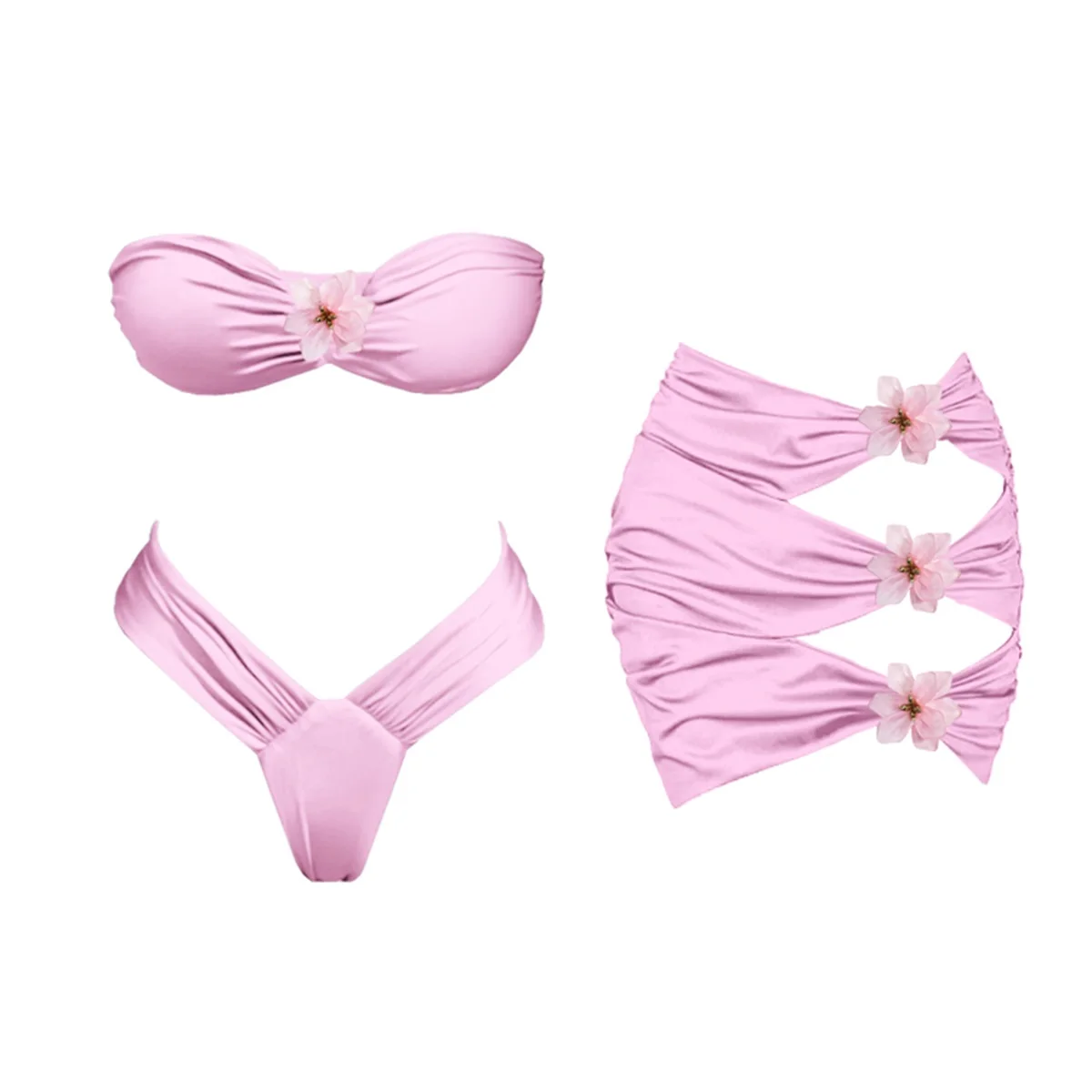 3Pcs Flower Bikini Sexy Women Swimsuit 2025 Bandeau Biquini Swimwear Female Hollow Swim Suit Mini Skirt Bathingsuit Beachwear Image