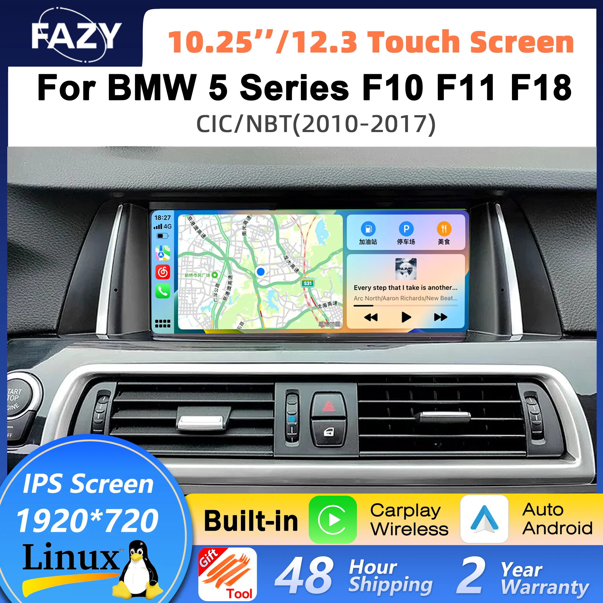 Linux System 1920*720 Drahtlose Carplay Android Auto Bildschirm Für BMW 5er F10 F11 F18 2010-2017 auto Radio Stereo Player BT DSP Image