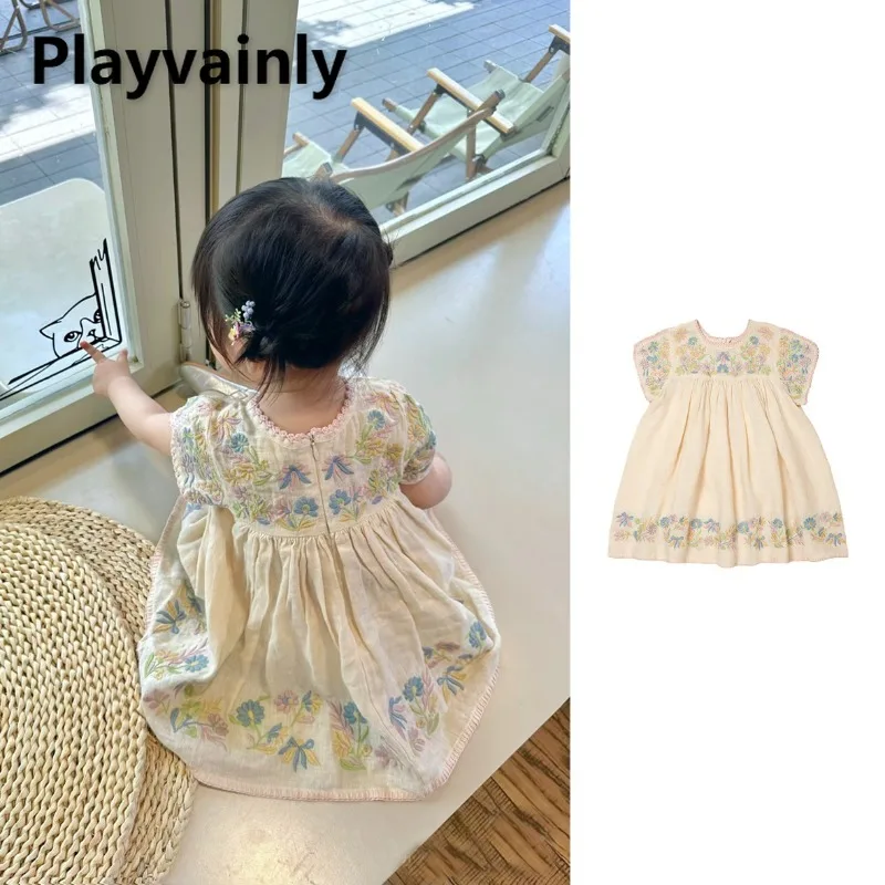 2025 neue Sommer Kinder Mädchen Kleid Runde Kragen Kurzarm Retro Blumen Stickerei Prinzessin Kleider Kinder Kleidung A25984 Image