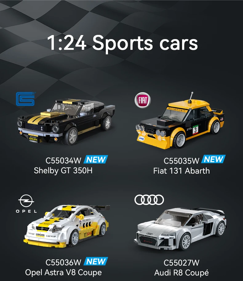 CaDA Offiziell lizenziertes 1:24 Baustein-Autoset / Sportwagen-Bausteine / Oldtimer / Audi A8 / Opel / Shelby / Fiat Image