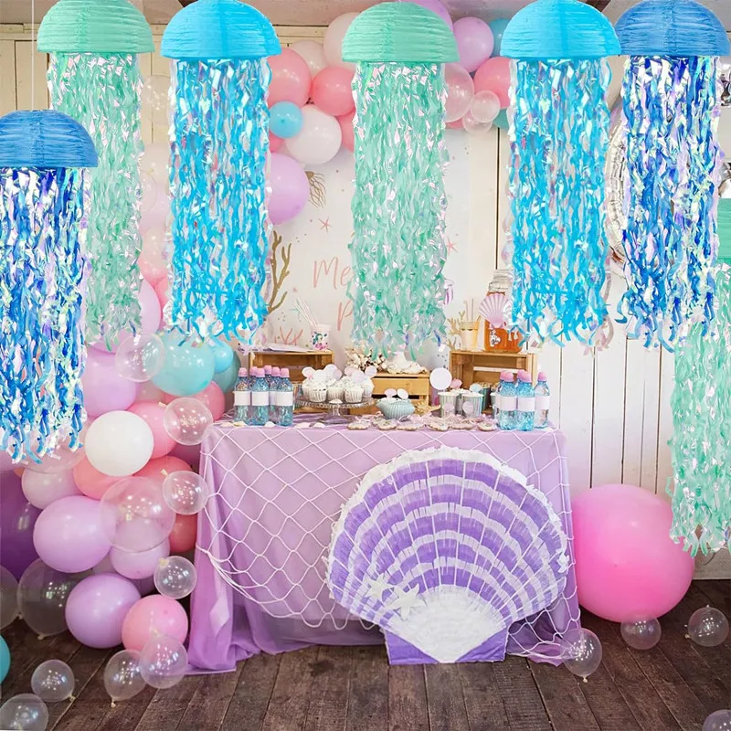 6 Stück Quallen-Halbkreis-Papierlaternen-Set mit Farbverlauf, bunte Laterne, Meerjungfrau-Thema, Unterwasser-Ozean-Geburtstagsdekoration Image