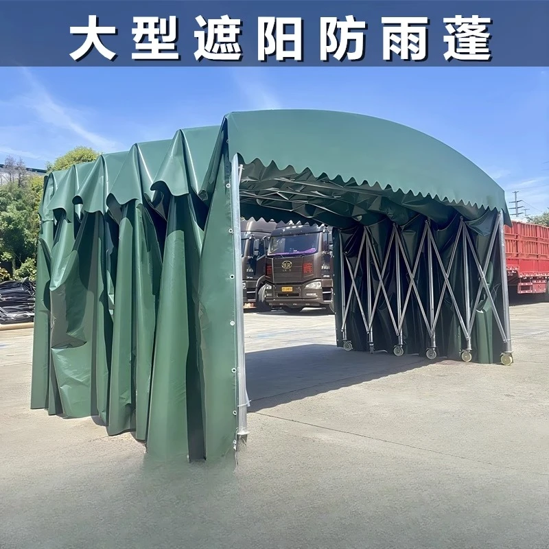 Mobiles Push-Pull-Überdachung. Große Teleskop-Werkstatt für den Außenbereich, Lagerhaus, regensicheres Überdachung, Parkenzelt, Schrumpfmarkise Image