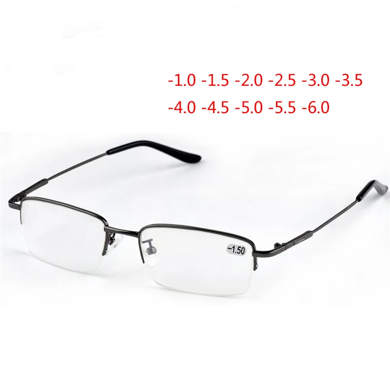 -1,0 -1,5 -2,0 bis -6,0 Halbrahmen, quadratisch, fertig, Myopie-Brille, Damen und Herren, Metallbrille für kurzsichtig Image