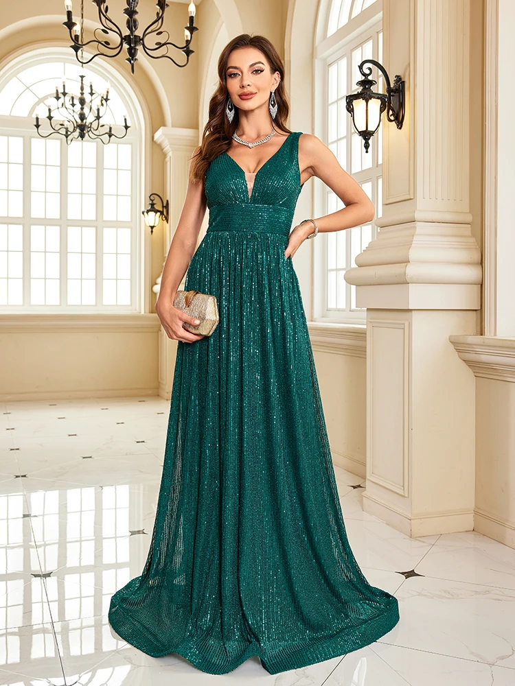 Frauen Luxus V-ausschnitt Ärmelloses Grün Formales Abendkleid Pailletten 2025, Hochzeit Party Prom Maxi Cocktailkleid Vestido Image
