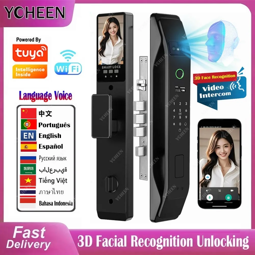 Polyglot TUYA WIFI App Smart Digital Lock Gesicht Fingerabdruckerkennung Kamera Türschloss Passwort Karte Keyless Intelligent Lock Image