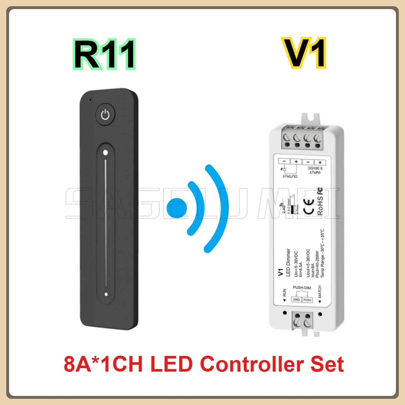 DC5-36V V1+R11 LED-Controller-Set 1CH*8A CV-Controller Push-Dim 1 Zone Dimmen Fernbedienung Einfarbiger LED-Streifen RF 2,4 GHz Image