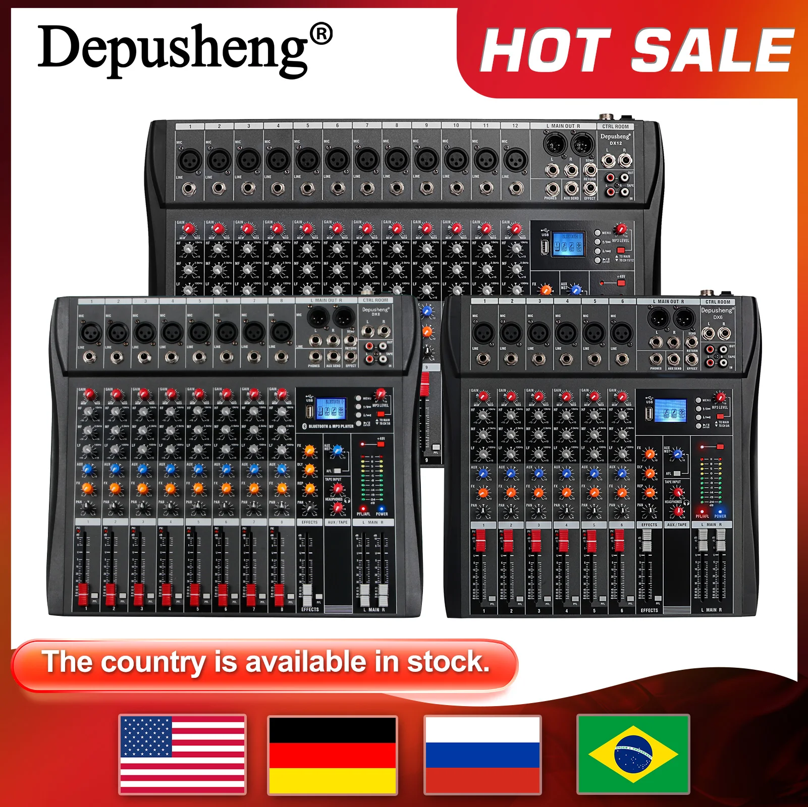 Audiomixer 6/8/12 Kanäle Professioneller DJ-Mixer LR-Mikrofon/Leitungseingang, AUX, FX-Prozessor MP3, Kopfhörer, +48 V Phantom Image