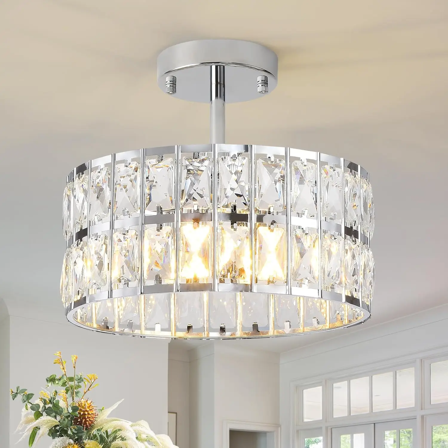 Moderne Flur-Deckenleuchte aus Chrom-Silber-Kristall, Halb-Einbau Kristall-Deckenleuchte für Schlafzimmer/Esszimmer