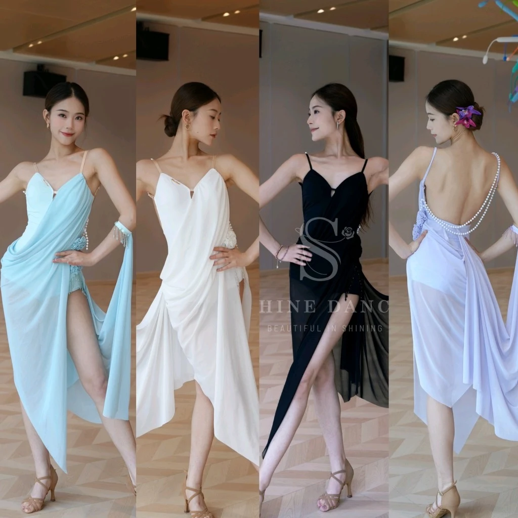 Sexy Latin Dance Wettbewerb Kleid Frauen Weißes Kleid Perle Schlitz Mesh Rumba Tango Tanz Kostüme Erwachsene Praxis Kleid DNV24396 Image