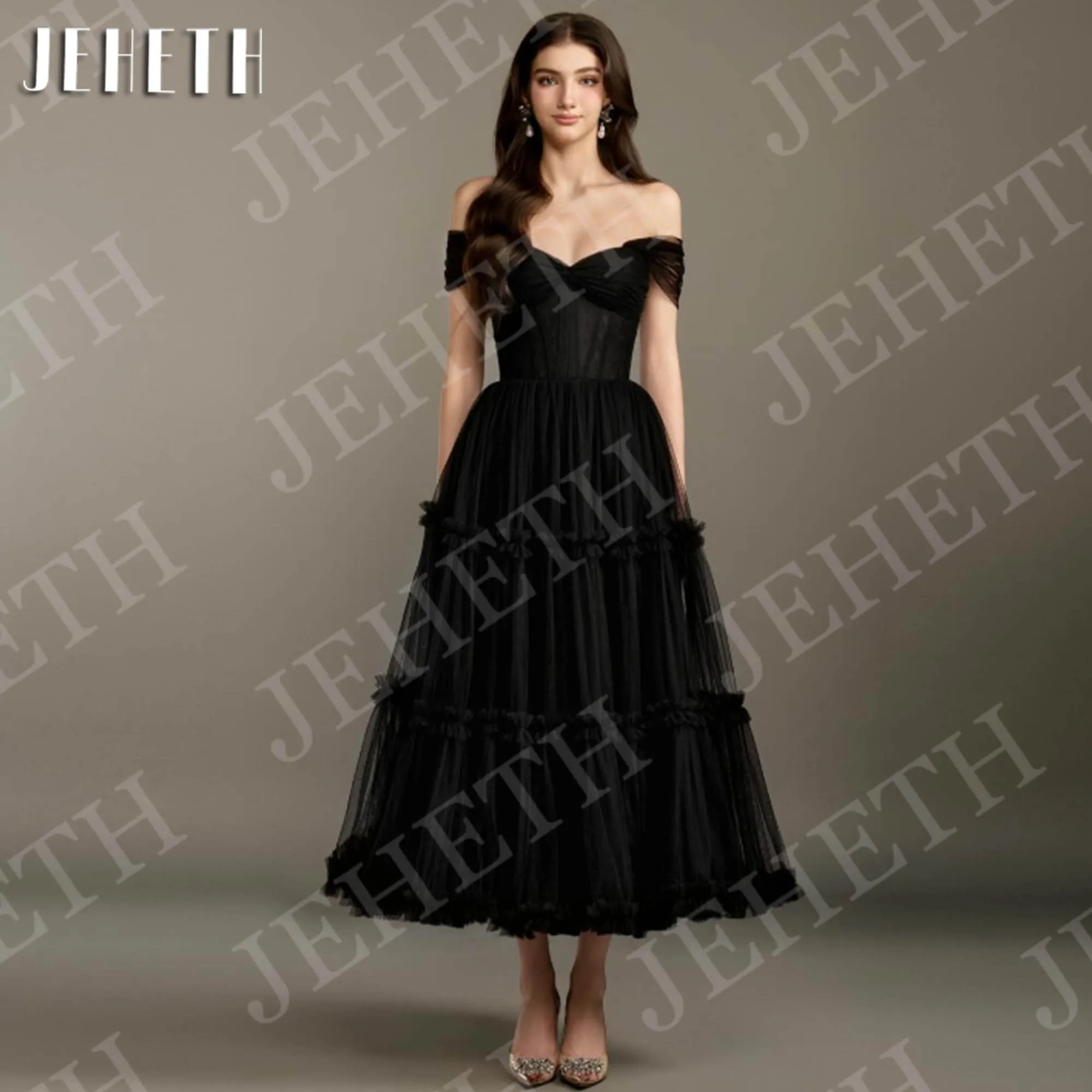 JEHETH Schwarzes schulterfreies Ballkleid 2026 elegantes knöchellanges Tüll-A-Linien-Kleid für formelle Partys herzförmig individuell gestaltet Schwarz Off Schulter Prom Kleider Elegante Knöchel Länge