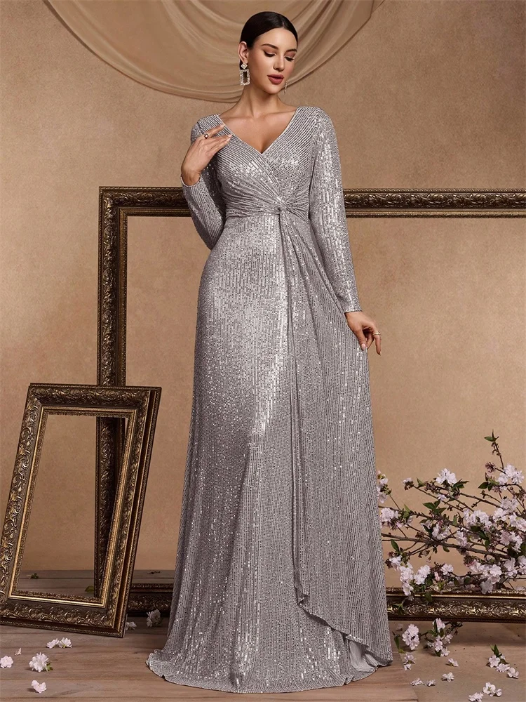 Luxuriöses bodenlanges Abendkleid mit V-Ausschnitt für Damen, elegantes Party-Maxikleid mit Pailletten und langen Ärmeln, Abschlussball-Cocktailkleid Image