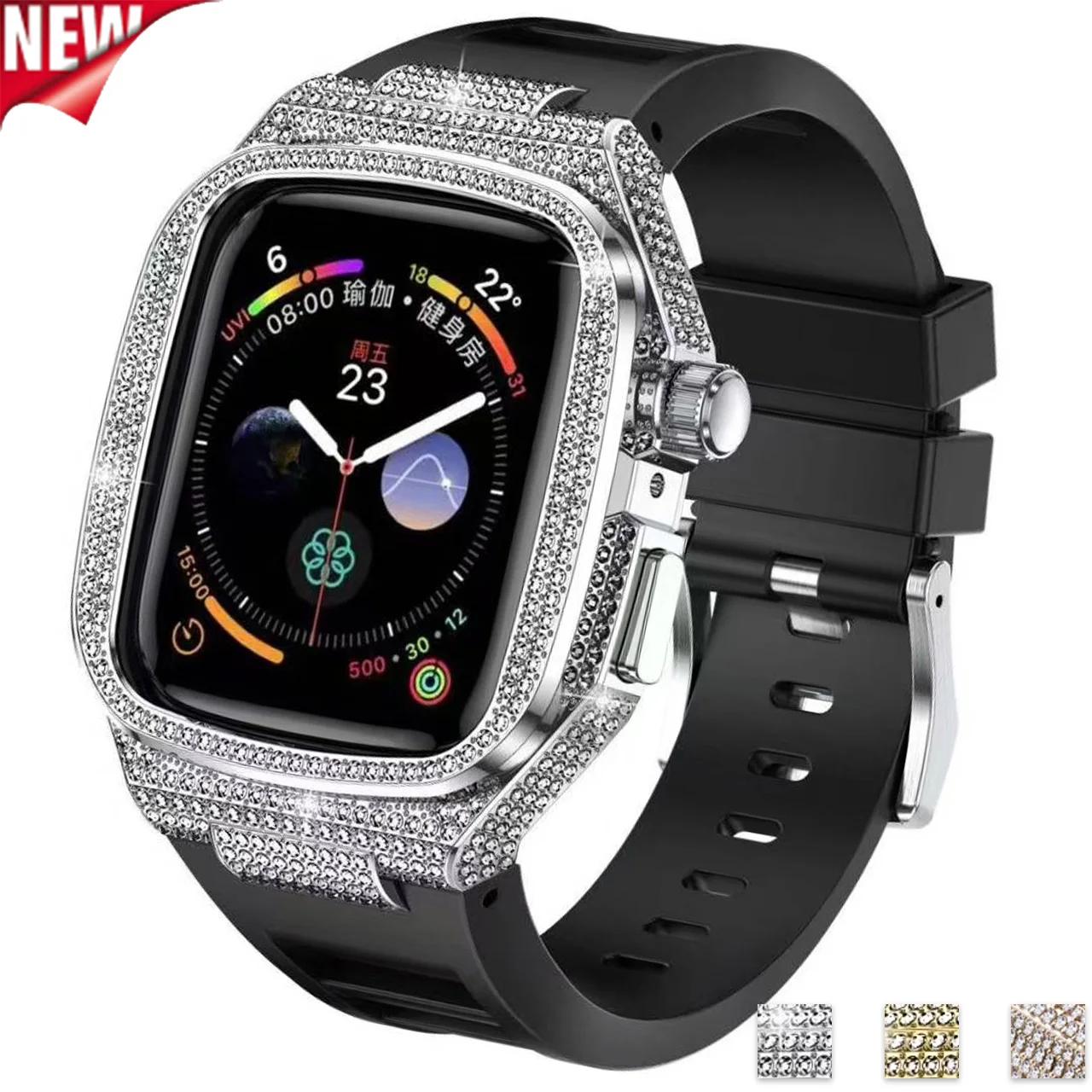 Diamantgehäuse für Apple Watch Band 10 9 8 7 65 46 mm SE 44 Edelstahlgehäuse Modifikationsset Kautschukarmband für IWatch 45 mm 44 mm Image