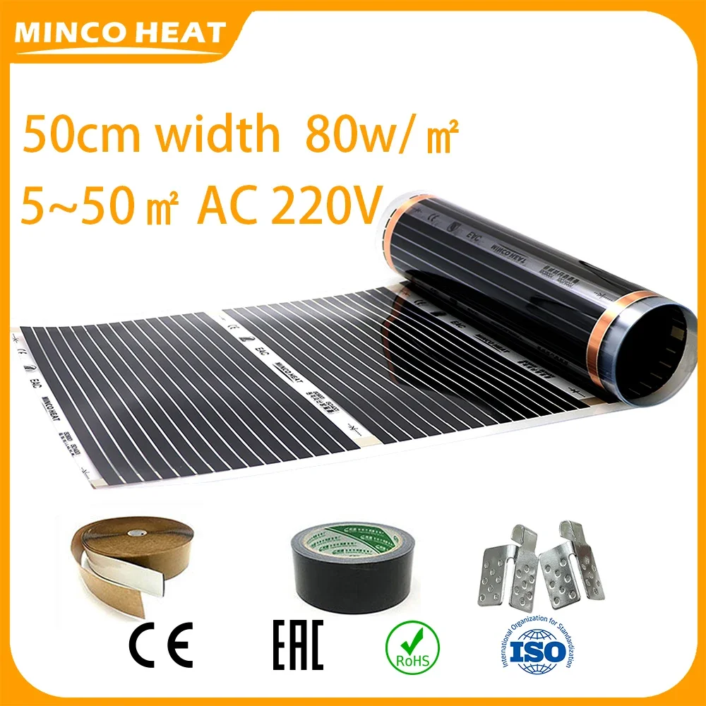 Minco Heat Infrarot-Fußbodenheizungsfolie 80 W/ ㎡ 5~50 ㎡ Breite 50 cm, max. 35 ° C Energieeinsparung mit Klemmen und Isolierpasten Image