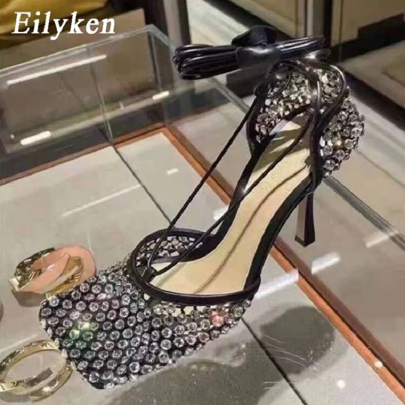 Eilyken Gelb Grün Mode Frauen High Heel Kristall Fishnet Pumps Karree Knöchel Kreuz Gebunden Strass Sandalen Schuhe