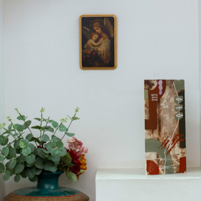 Angel and Child,'Decoupage on Pinewood Antique Wall Plaque of Angel and Child'
