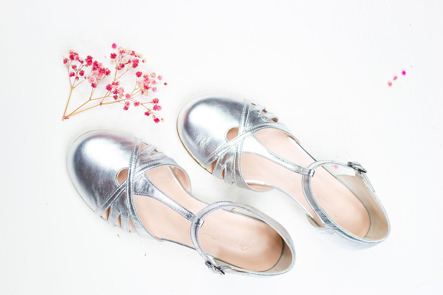 T-Riemen Heels 3.5 cm, Damen Leder Sandalen, Vintage Swing Schuhe, Mary Janes - Silber