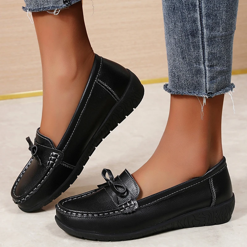Cuir véritable femmes chaussures plates mode noir chaussures femme mocassins femmes chaussure Tenis chaussures femmes bout rond grande taille chaussures femme