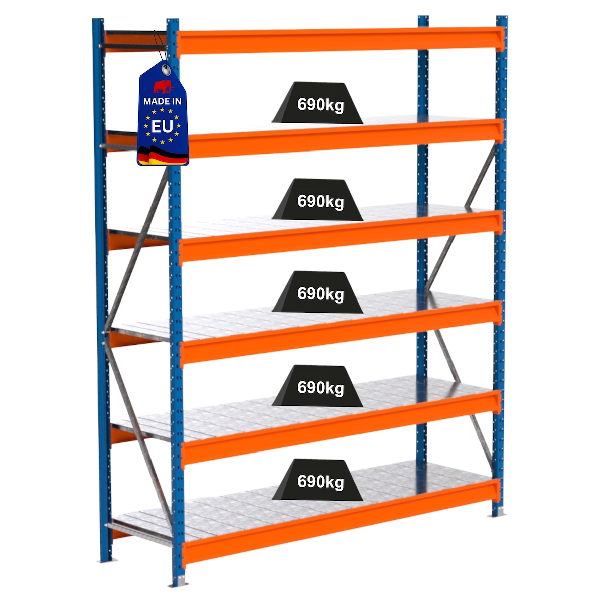 PROREGAL Industrie Schwerlastregal MAXIMUS PRO, Grundregal, HxBxT 250x200x60cm, 6 Ebenen, Stahlplatten-Fachboden, Fachlast 690 kg, Blau/Orange Image