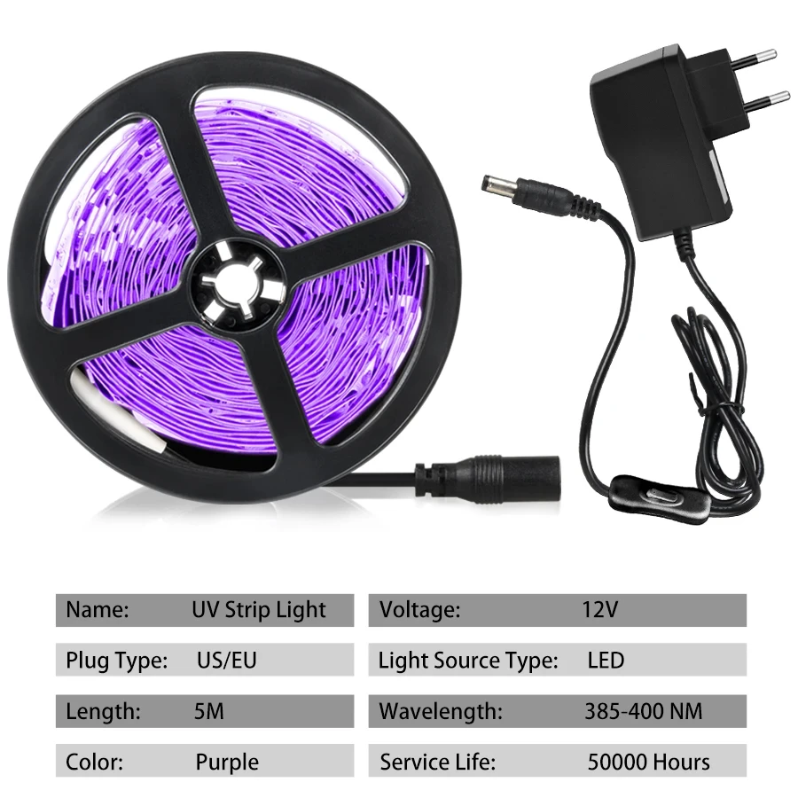 UV DC 12 V 5 M LED-Lichtleiste Ultraviolett 385-400 nm Schwarzlicht 2835 SMD UV-Lampe Flexibles LED-Band für Glow Fluoreszenzparty Image
