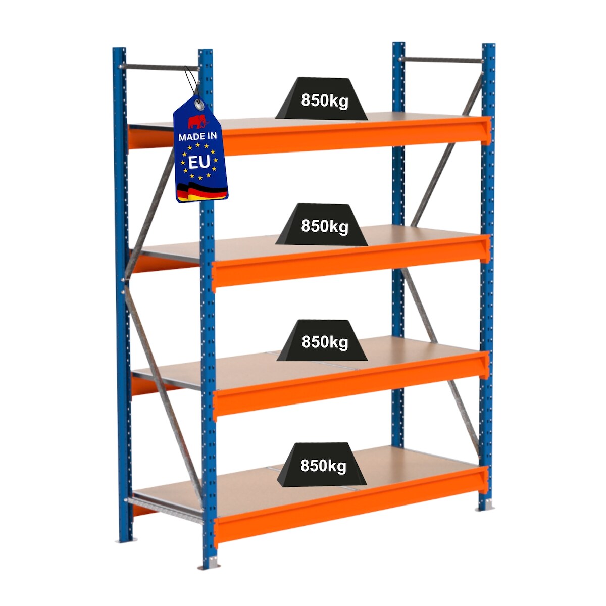 PROREGAL Industrie Schwerlastregal MAXIMUS PRO, Grundregal, HxBxT 200x150x60cm, 4 Ebenen, Spanplatten-Fachboden, Fachlast 850 kg, Blau/Orange Image