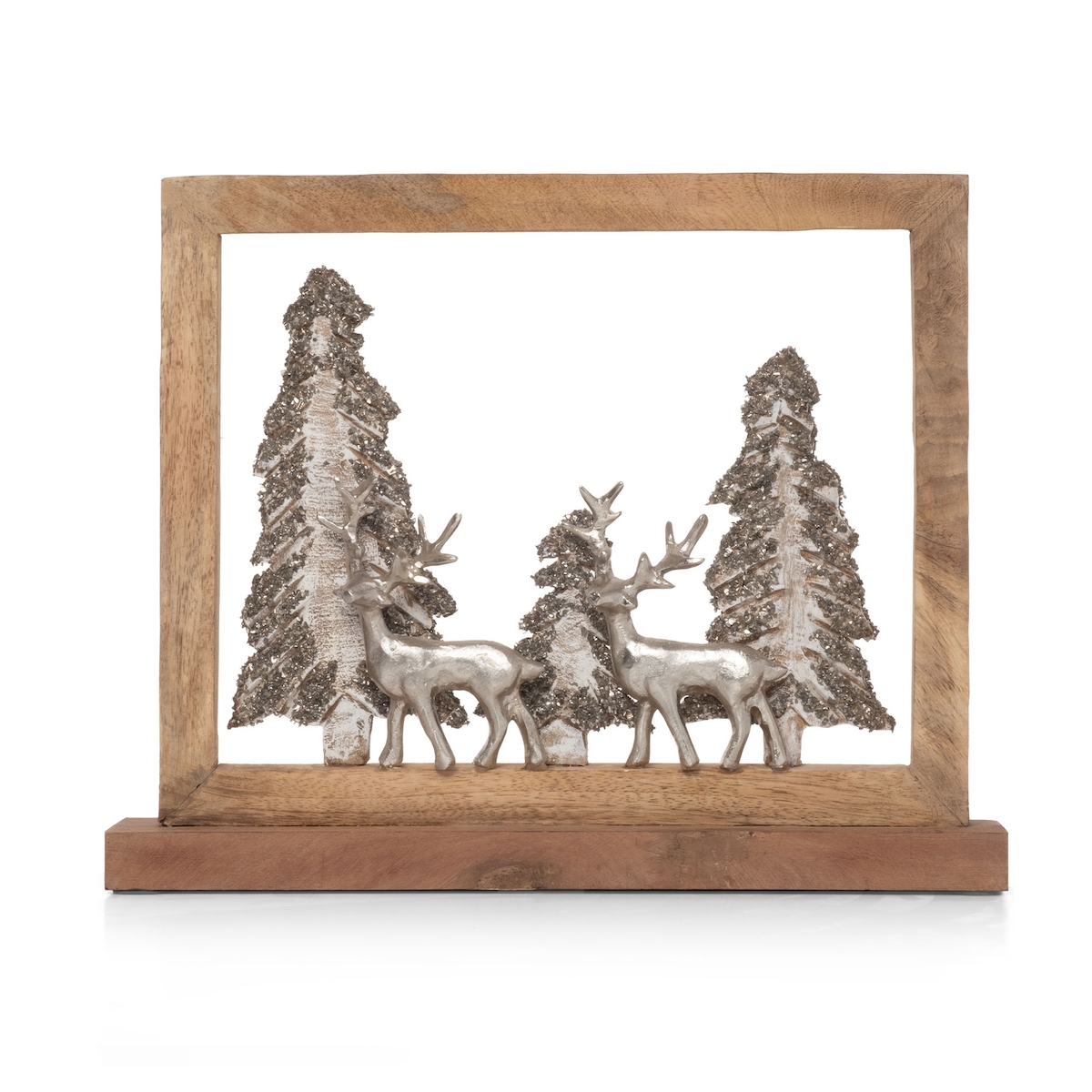 Moritz Weihnachtsdeko Hirsche aus Mangoholz und Aluminium 41 x 8 x 33 cm 3D Figur mit Glitzerbäumen winterliche Tischdekoration im Holzrahmen für Fensterbank Image