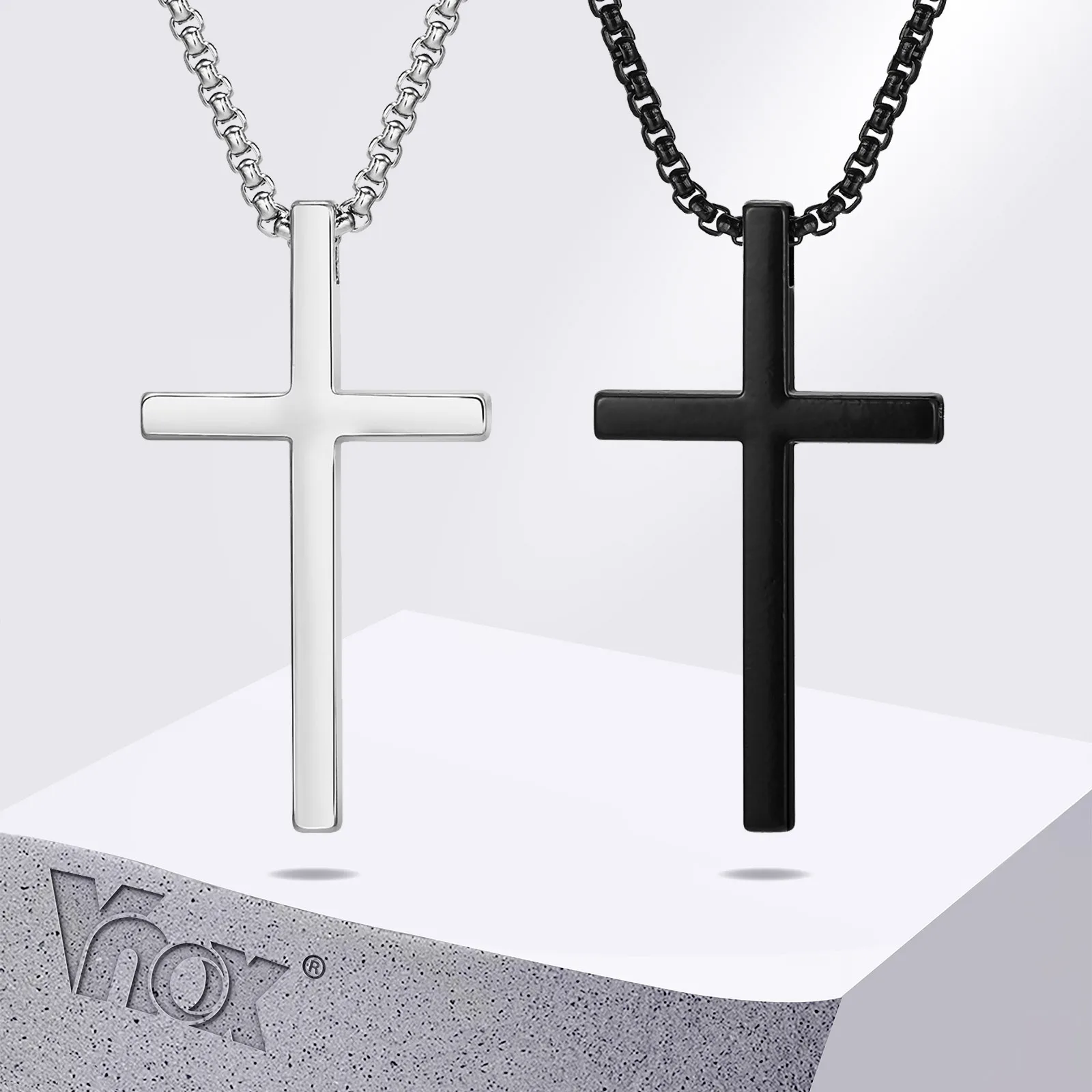 Vnox Unisex Box Chain Kreuz Halsketten, Männer Frauen Edelstahl Kette mit Legierung Kreuz Anhänger, religiöse Glaube Kreuz Halskette Image