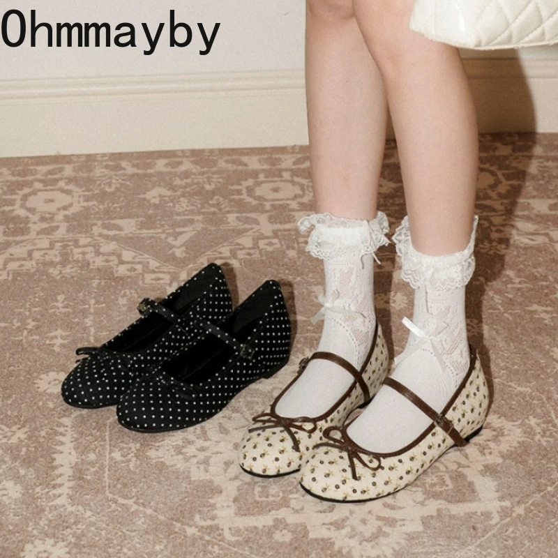 Designer Luxus Gepunktete Damen Ballerinas Schlichte Runde Zehen Damen Schuhe Elegante Party Kleid Schuhe mit Innerer Erhöhung Mary Jane Schuhe