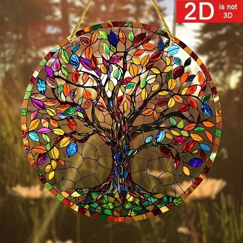 Bunter einteiliger 2D-Sonnenfänger „Baum des Lebens“. | Rundes 5,9" x 5,9" flaches Kunststoffschild, Acryl-Wanddekoration Image