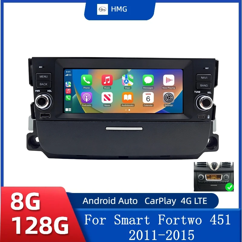 HMG Kabelloses CarPlay Android Auto Radio für Smart Fortwo 451 2011 - 2015 Auto-Intelligenzsysteme RDS BT DSP 2-DIN-Autoradio Image