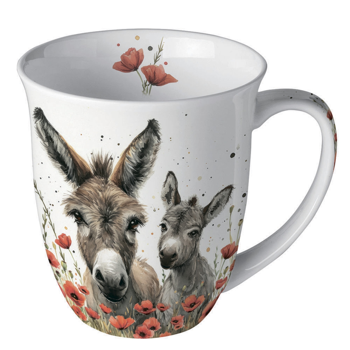 Ambiente Tasse mit Eseln und Mohnblüten Motiv 10cm Porzellan 0,4L Keramiktasse Porzellangeschirr Kaffeetasse Teetasse Kakaotasse Porzellantasse weiß grau braun Image