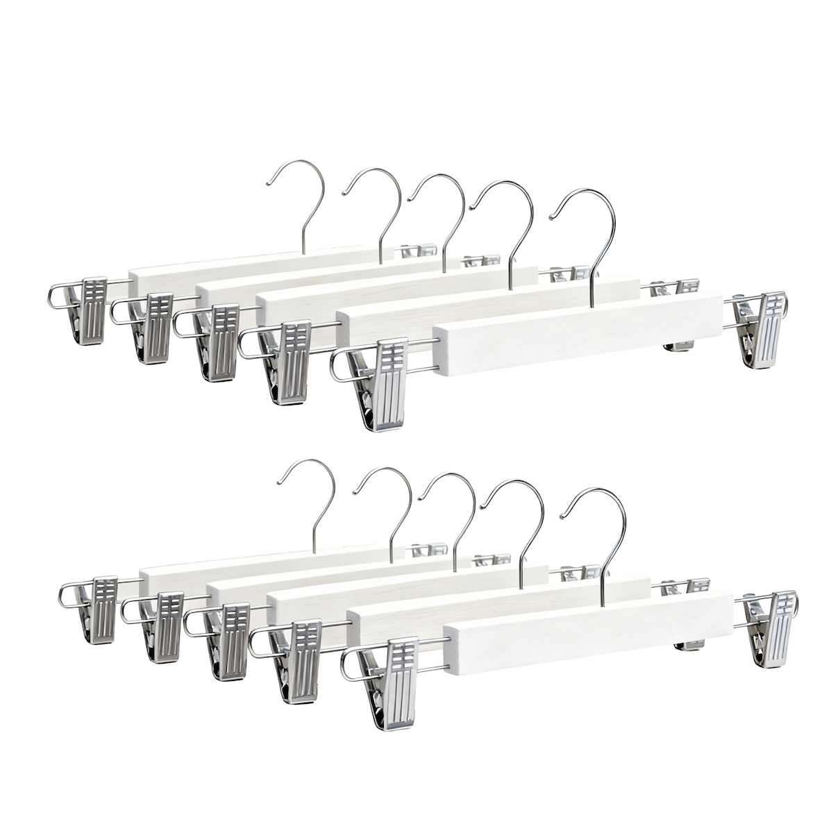 Relaxdays Hosenbügel 10er Set, je 2 Klammern, Clipkleiderbügel für Hosen & Röcke, HBT: 12x36x1,2 cm, Holz & Eisen, weiß Image