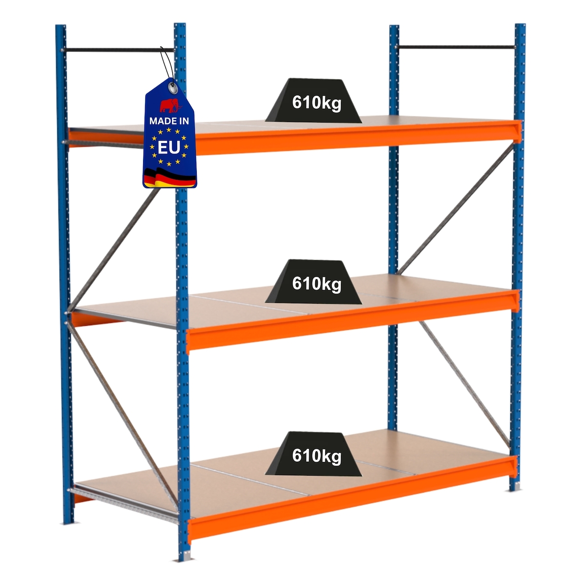 PROREGAL Industrie Schwerlastregal MAXIMUS PRO, Grundregal, HxBxT 250x225x100cm, 3 Ebenen, Spanplatten-Fachboden, Fachlast 610 kg, Blau/Orange Image