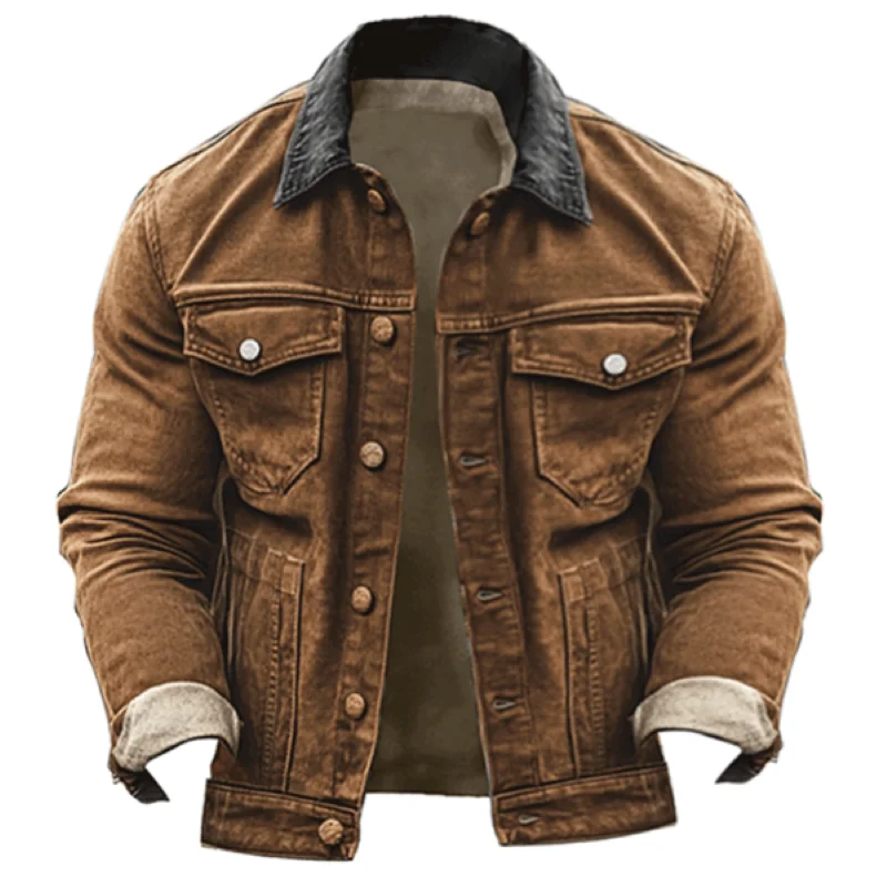 2025HerrenVintageCordjackeDistressedSplicingContrastColorsAviatorBomberCoatWindbreakerWinterWorkwearRuggedMilitaryStyle Image