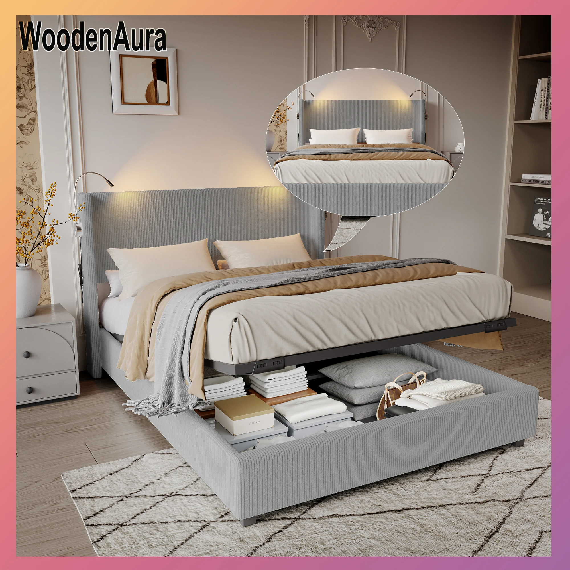 Polsterbett 140x200 cm, Doppelbett mit Lattenrost und Leselampe, Polsterbett mit Cordoberfläche, Stauraumbett im hydraulischen Image