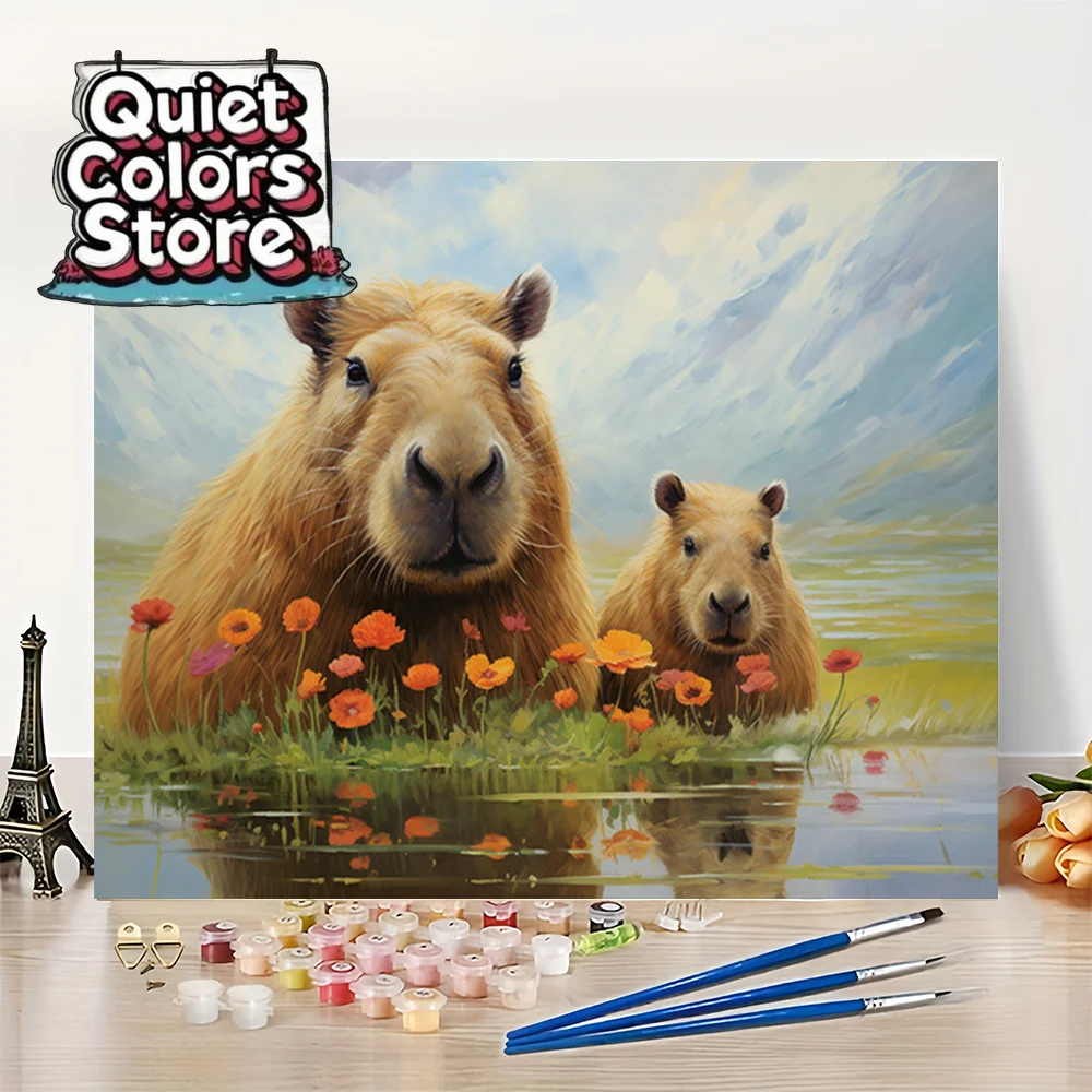 (Quiet Colors Store) 1 Stück Capybara, das unter Blumen ruht, natürliche Harmonie in der Malerei – Malen-nach-Zahlen-Set für Anfänger – 16x20 Zoll Image