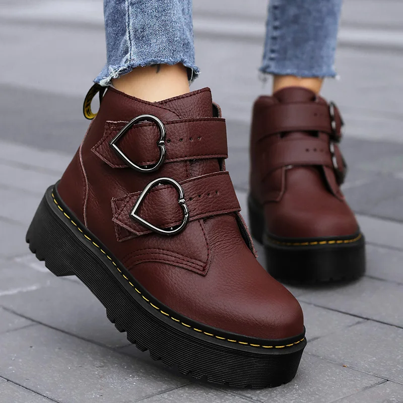 Damen Stiefeletten Herbst Frühling Damen Absatzschuhe Plateau-Schuhe Weibliche Klobige Leder Flache Absätze Booties Schuhe für Frauen