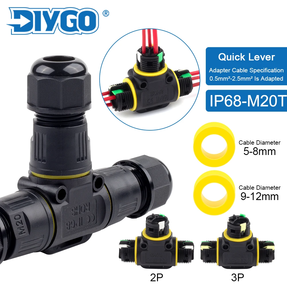 IP68 M20 T Typ 3-Wege-wasserdichter Kabelstecker, 2/3-poliger Hebel-Verkabelungsklemme für elektrische Anschlussdose, Außendrahtstecker Image