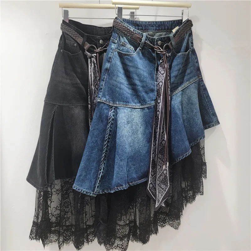 Frauen Denim Röcke Mittlere Länge Fischschwanz Rock EINE Linie Slim Fit Unregelmäßige Taste Elegante Splice Spitze Sexy Y2k Streetwear Arbeit 2025 Image