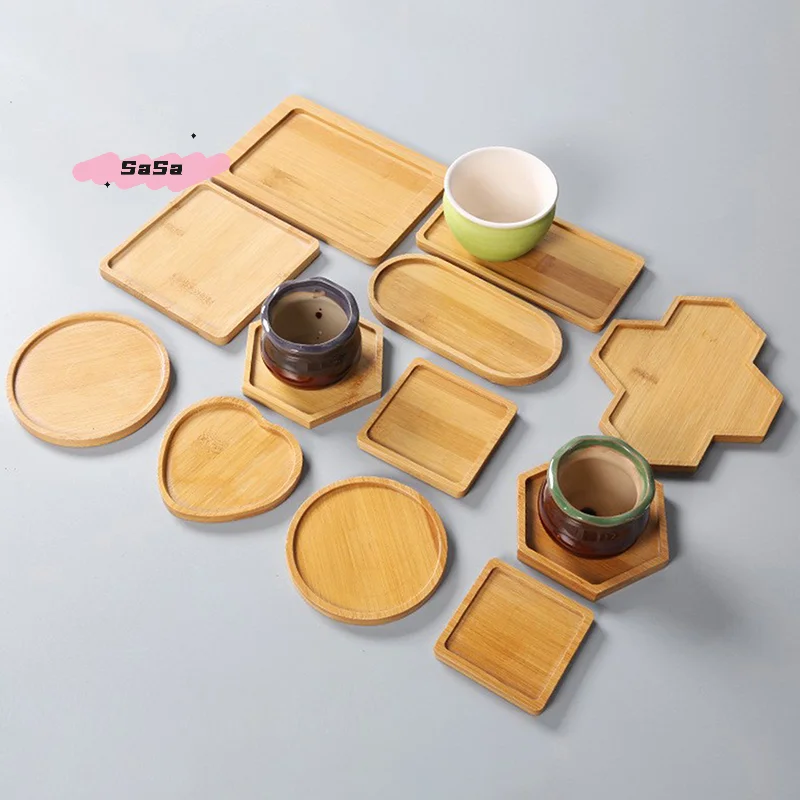 Bambus-Holztablett im Schlichten Stil Heimdekoration Sukkulenten-Bonsai-Halter Runde Quadratische Blumentopf-Unterlage für Wohnzimmer Schlafzimmer Image