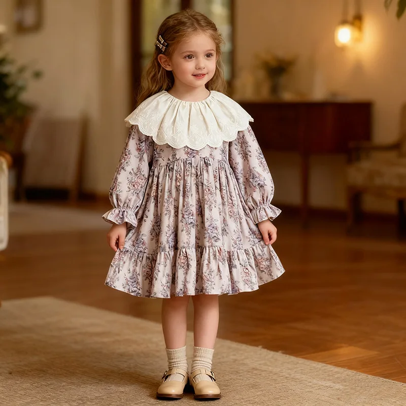 YBFSKID Frühling Kind Mädchen Prinzessin Kleid Retro Floral Gedruckt Infant Baby Mädchen Kleid Spitze Kragen Kinder Mädchen Kleid Kleinkind Kleid Image