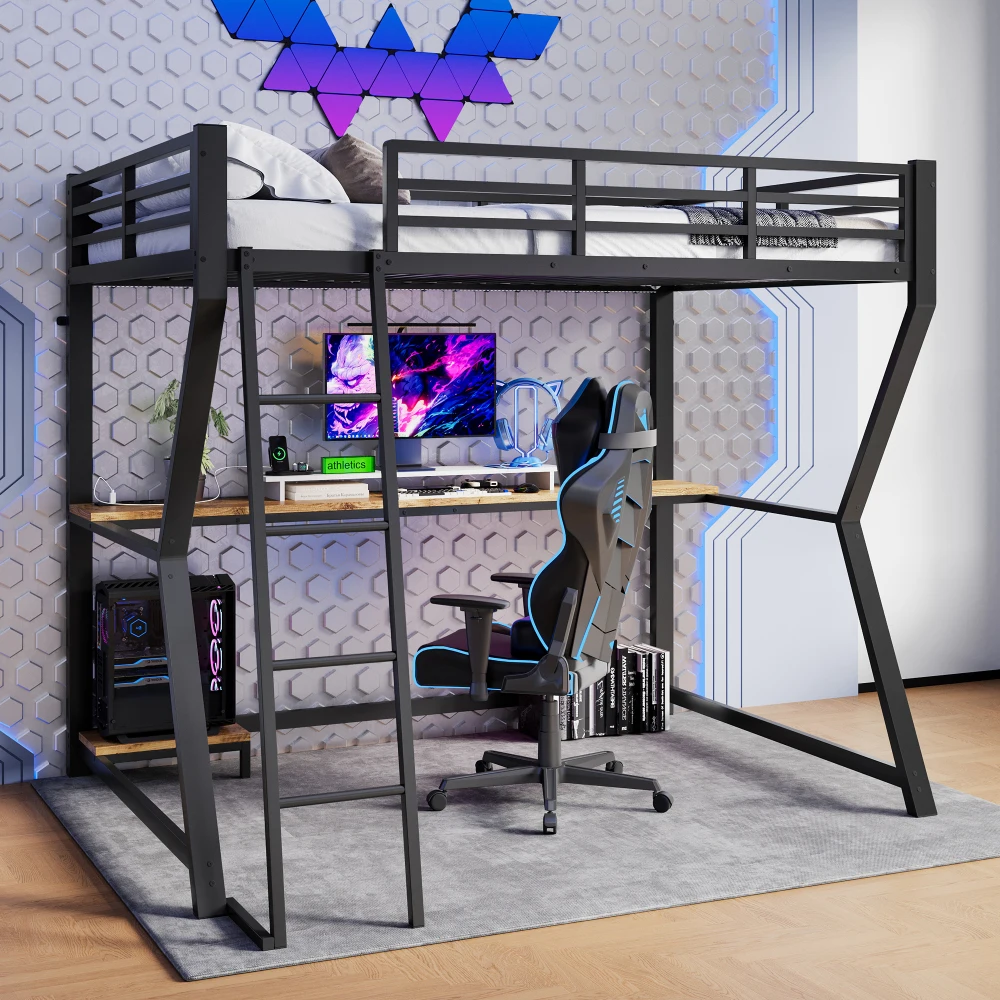 Modernes Multifunktionales Hochbett 90*200cm Schwarz | LED-Beleuchtung Computerkonsole USB-Ladefunktion | Robuster Bettrahmen ohne Matratze Image