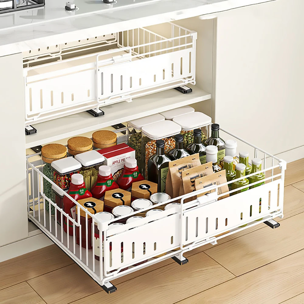 Ausziehbarer Schrankorganizer für die Küche, Geräuschlose Schiebeaufbewahrungsschublade mit Verstellbaren Regalen für Vorratskammer und Unterschrank 32-50cm