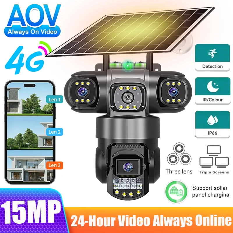 4G Sim Solar Überwachungskamera Outdoor Drei Objektiv 15MP Immer Auf Video Monitor AI Humanoiden Erkennung Sicherheit Schutz V380 Image