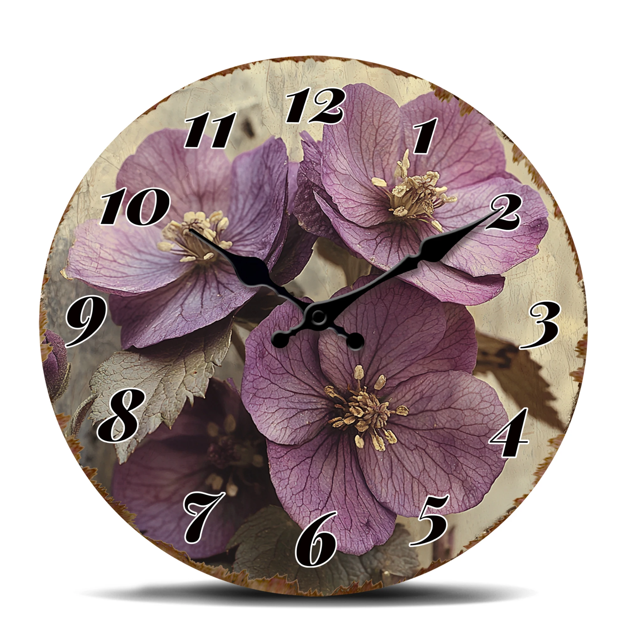 Vintage Lila Blüten-Wanduhr, Florale Kunst-Dekorationsuhr mit Rustikalem Charme für Wohnzimmer, Elegante Zeitmesser-Uhr
