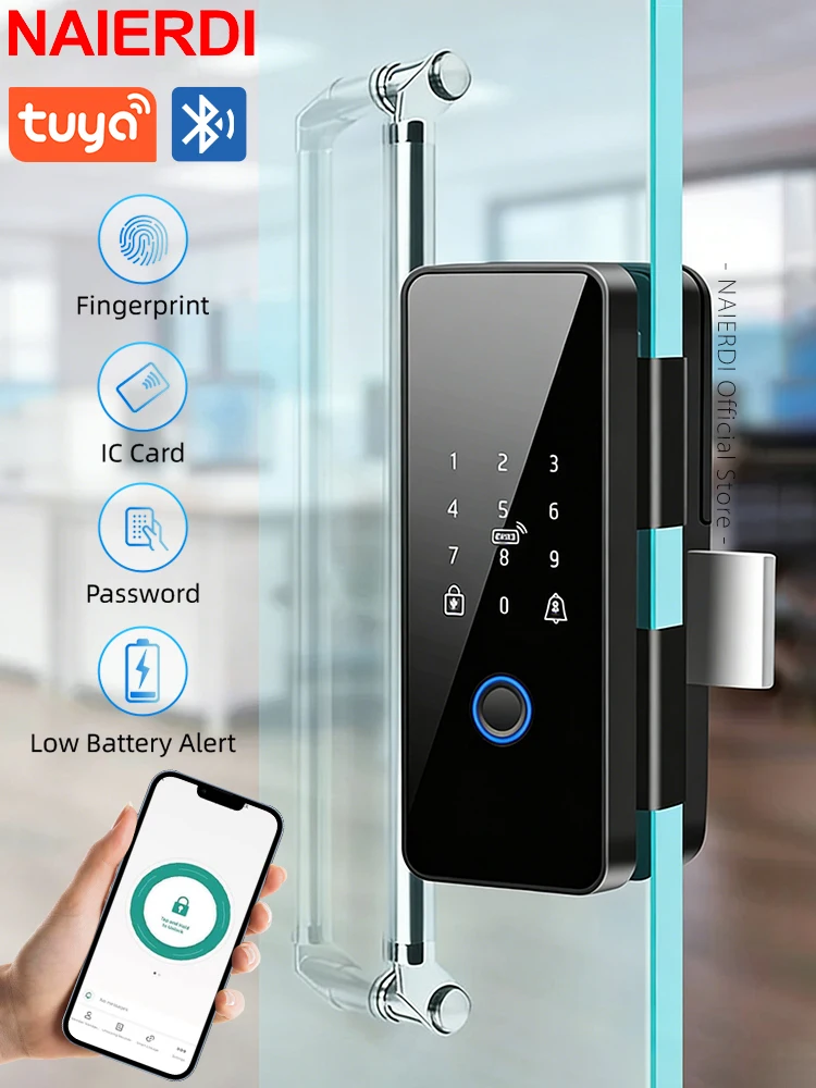 NAIERDI Fingerabdruck Smart Glastürschloss Tuya App Bluetooth Passwort Keyless Entry Fernbedienung Entsperren Passwort Türschloss Image