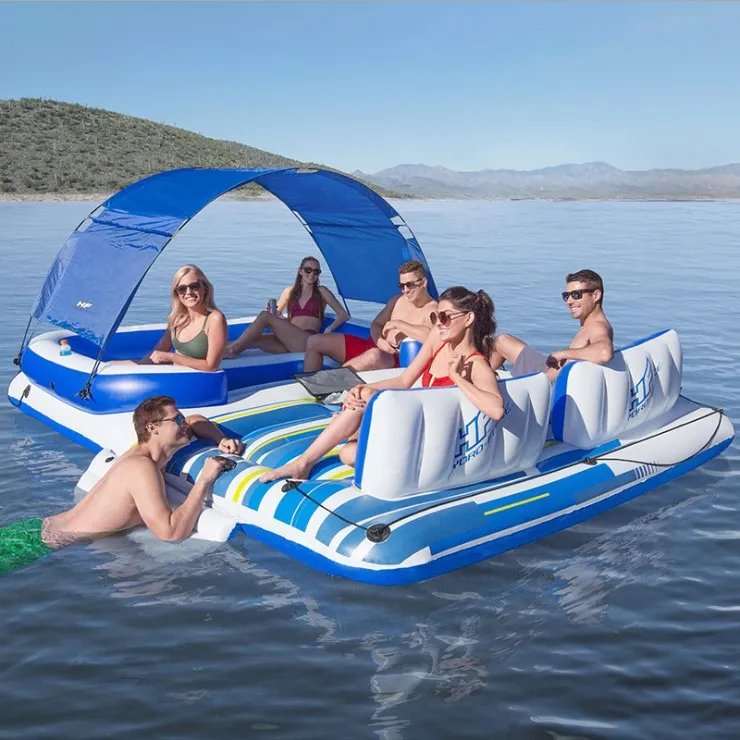 3,73 m x 2,64 m x 73 cm aufblasbares 6-Personen-Seebeckenfluss großes schwimmendes Inselfloß mit Baldachin Image