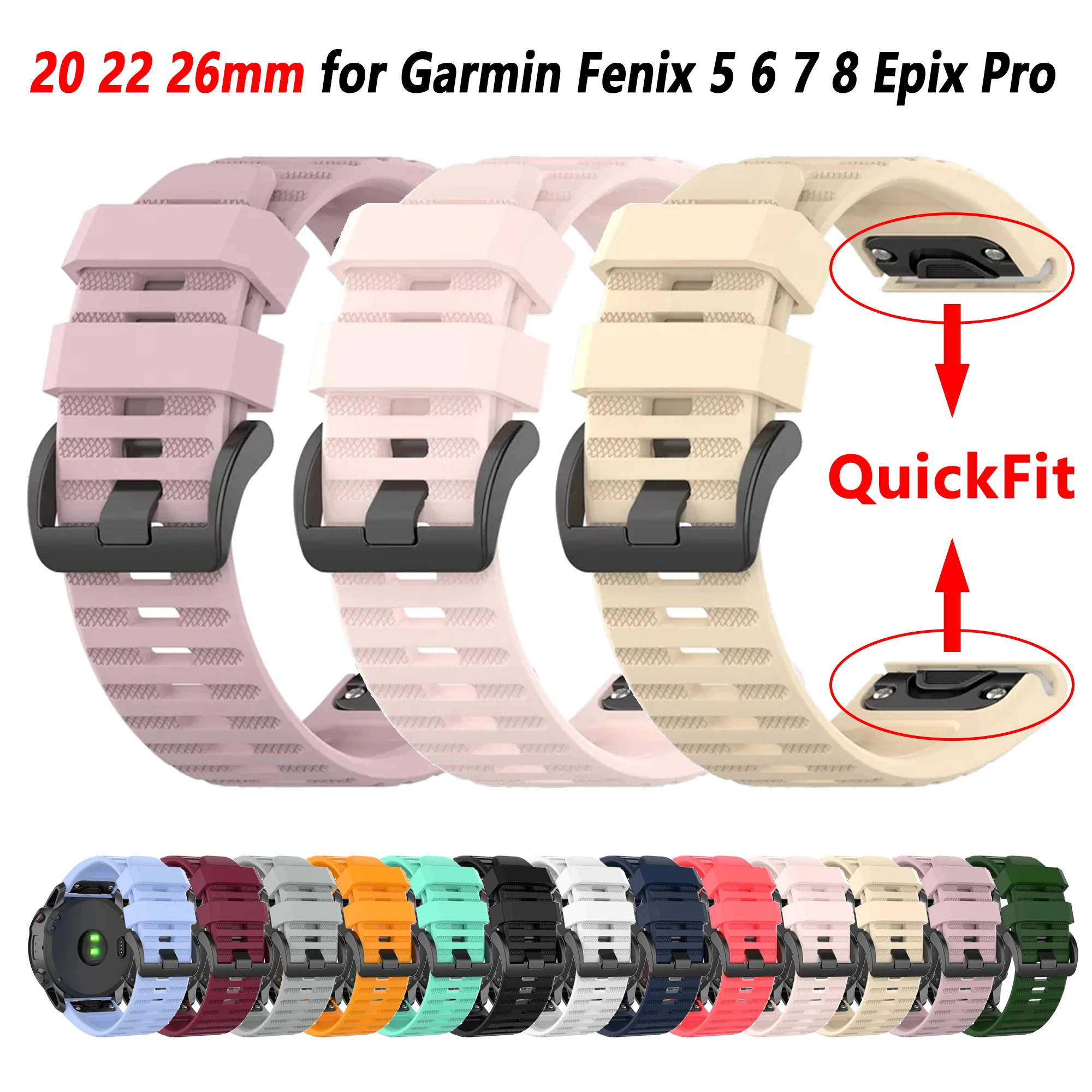 Silikon 20 22 26mm QuickFit Armband für Garmin Fenix 5X 5 5S Plus 6S 6 6X 7S 7 7X Pro Fenix8 43 47 51mm Uhrenband Epix Pro Correa Image