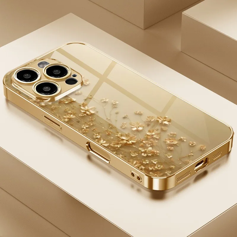 Elegante goldene kleine Blumenmuster gehärtetes Glas Handyhülle für Samsung Galaxy S25 Ultra S24 S23 Plus S25 FE S23Ultra Cover
