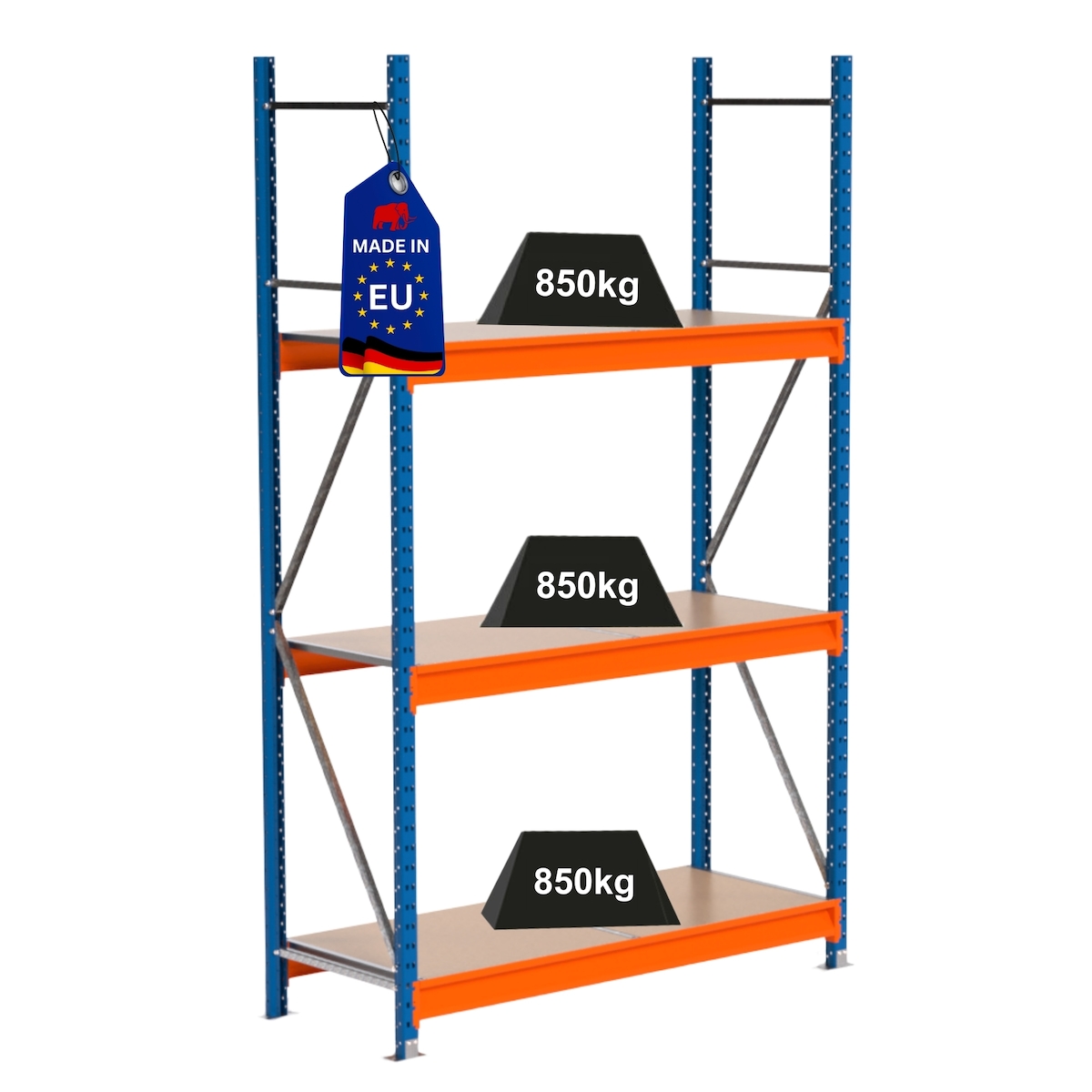 PROREGAL Industrie Schwerlastregal MAXIMUS PRO, Grundregal, HxBxT 250x150x60cm, 3 Ebenen, Spanplatten-Fachboden, Fachlast 850 kg, Blau/Orange Image