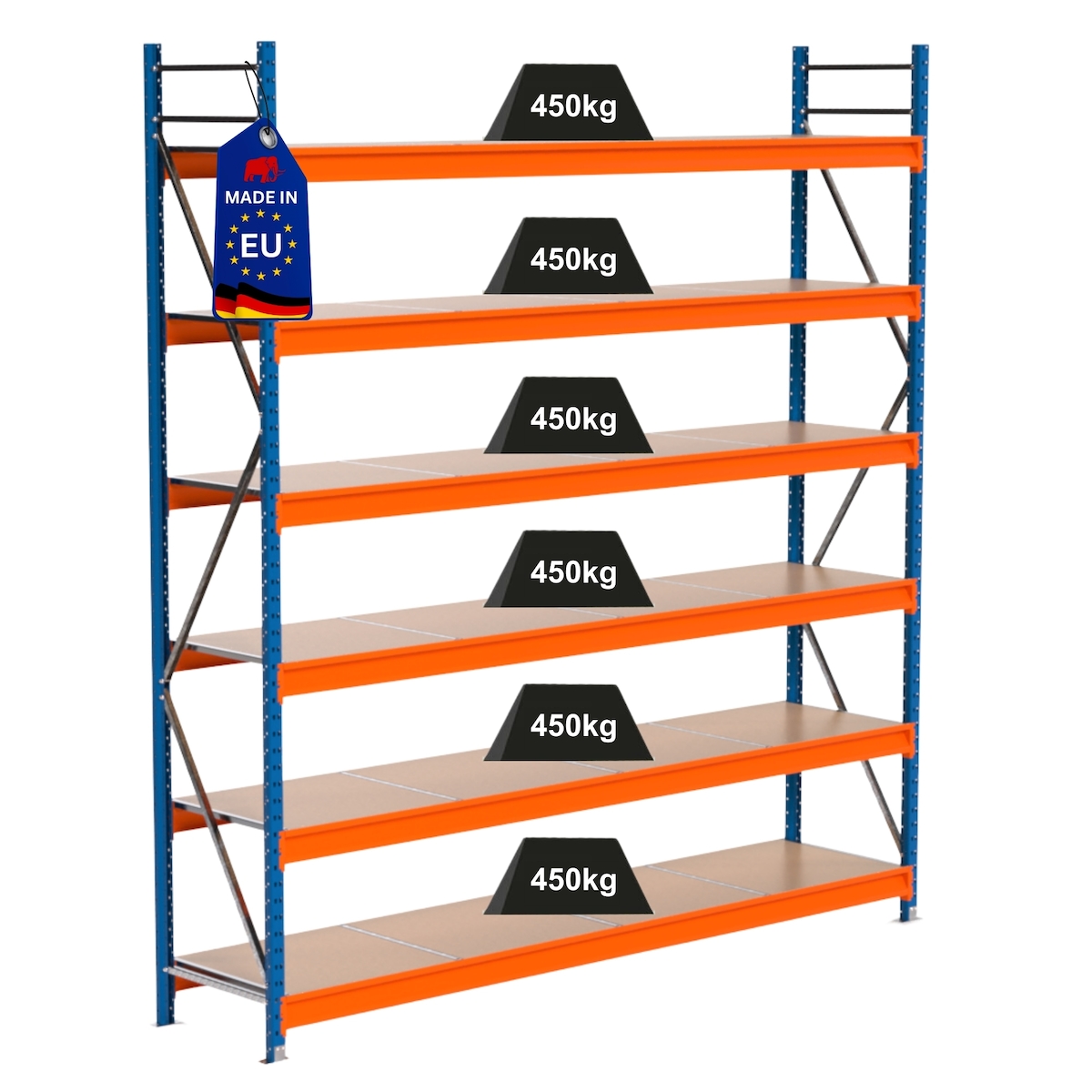 PROREGAL Industrie Schwerlastregal MAXIMUS PRO, Grundregal, HxBxT 300x275x60cm, 6 Ebenen, Spanplatten-Fachboden, Fachlast 450 kg, Blau/Orange Image
